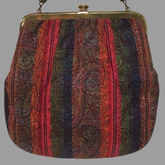 Vintage ROGER VAN S. Frame Kiss Lock Boho Paisley Print Handbag, Leather Handle - Picture 2 of 11
